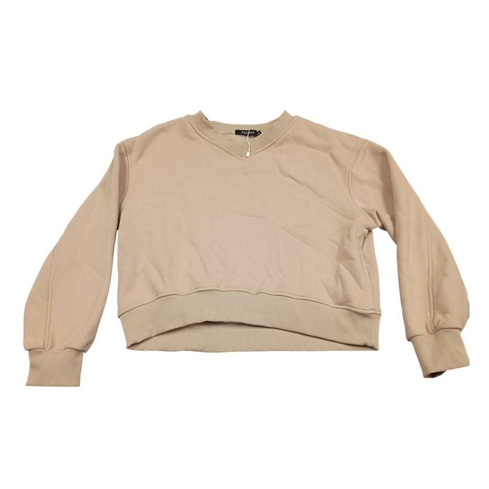 Automet Sweatshirt Womens Medium Tan V-Neck Cropped Fleece Pullover